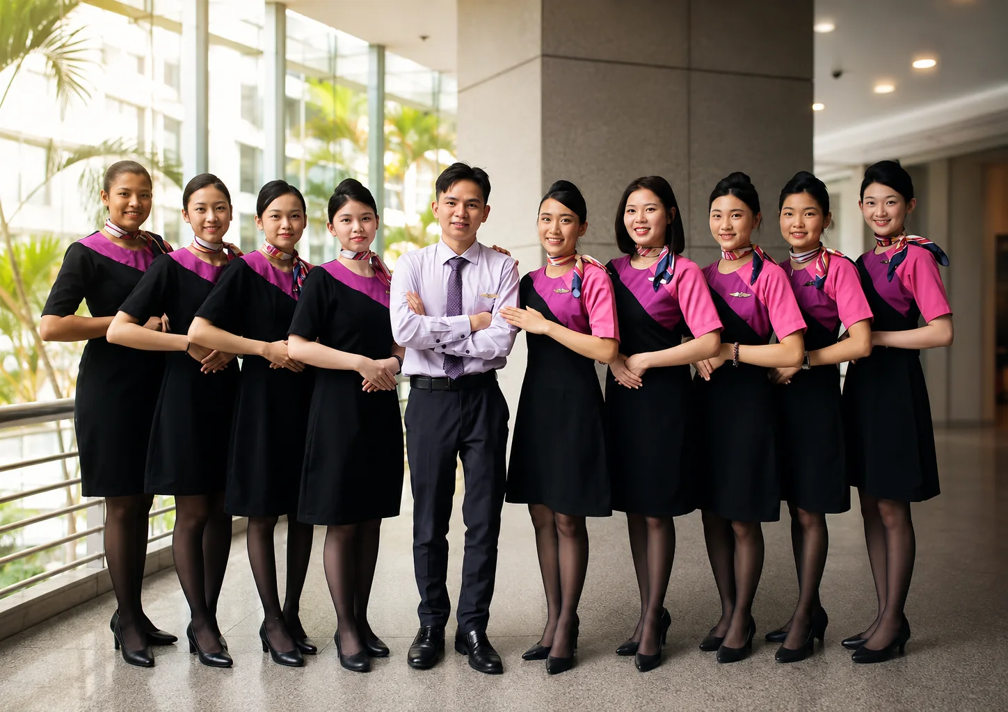 IETA cabin crew students in full uniform standing in a line at the academy
